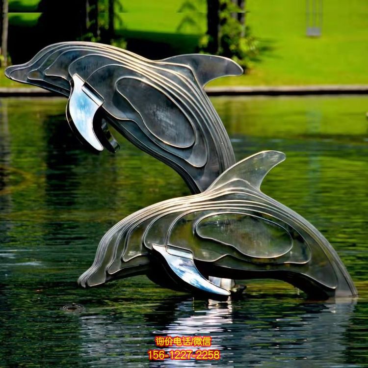 不銹鋼海豚雕塑，池塘水景抽象海豚景觀動物雕塑
