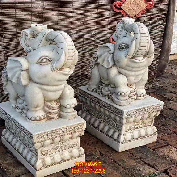 漢白玉石雕小象一對(duì)，可愛(ài)，萌萌的的招財(cái)小象